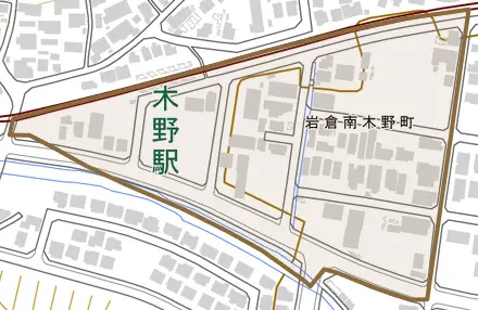 岩倉南木野町とその周辺の地図。町の範囲を重ねている