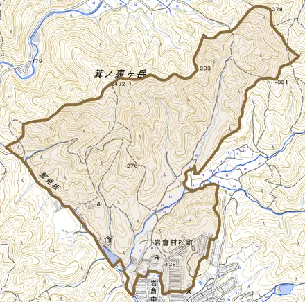 岩倉村松町とその周辺の地図。町の範囲を重ねている
