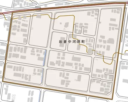 岩倉中河原町とその周辺の地図。町の範囲を重ねている