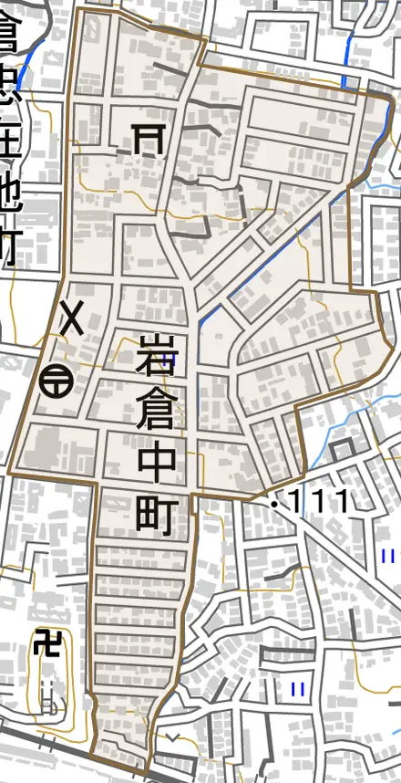 岩倉中町とその周辺の地図。町の範囲を重ねている
