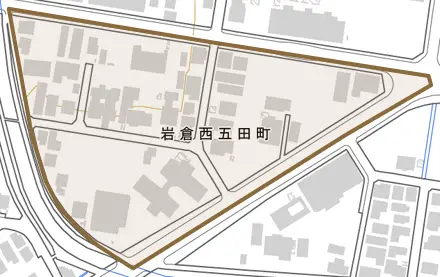 岩倉西五田町とその周辺の地図。町の範囲を重ねている
