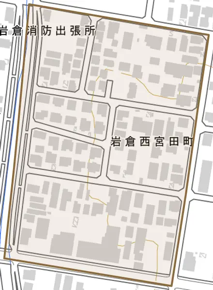 岩倉西宮田町とその周辺の地図。町の範囲を重ねている