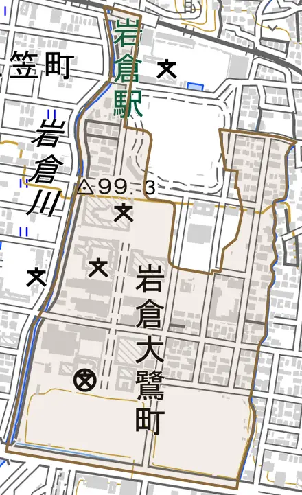 岩倉大鷺町とその周辺の地図。町の範囲を重ねている