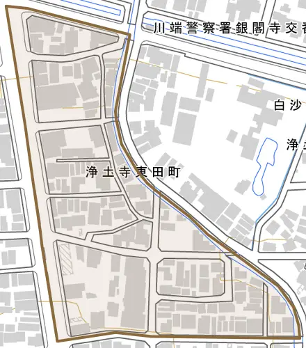 浄土寺東田町とその周辺の地図。町の範囲を重ねている