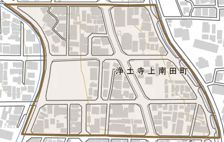 浄土寺上南田町とその周辺の地図。町の範囲を重ねている