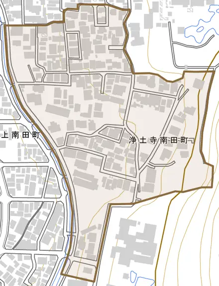 浄土寺南田町とその周辺の地図。町の範囲を重ねている