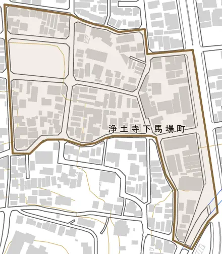 浄土寺下馬場町とその周辺の地図。町の範囲を重ねている