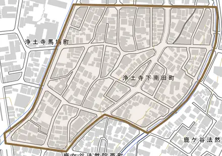 浄土寺下南田町とその周辺の地図。町の範囲を重ねている