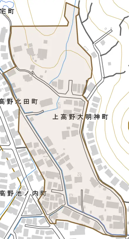 上高野大明神町とその周辺の地図。町の範囲を重ねている