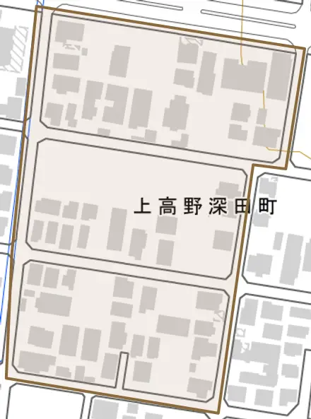 上高野深田町とその周辺の地図。町の範囲を重ねている
