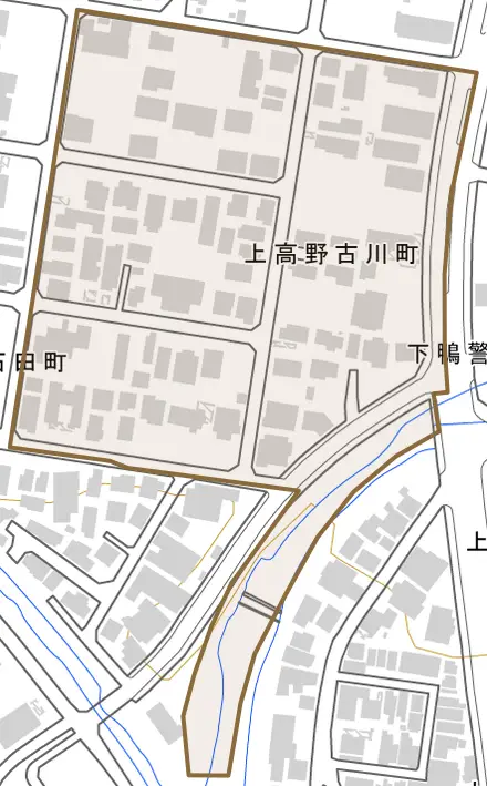 上高野古川町とその周辺の地図。町の範囲を重ねている