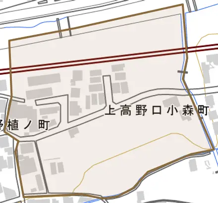 上高野口小森町とその周辺の地図。町の範囲を重ねている