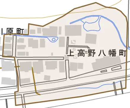 上高野八幡町とその周辺の地図。町の範囲を重ねている