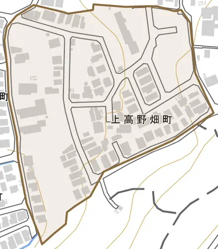 上高野畑町とその周辺の地図。町の範囲を重ねている