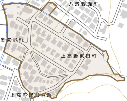 上高野東田町とその周辺の地図。町の範囲を重ねている