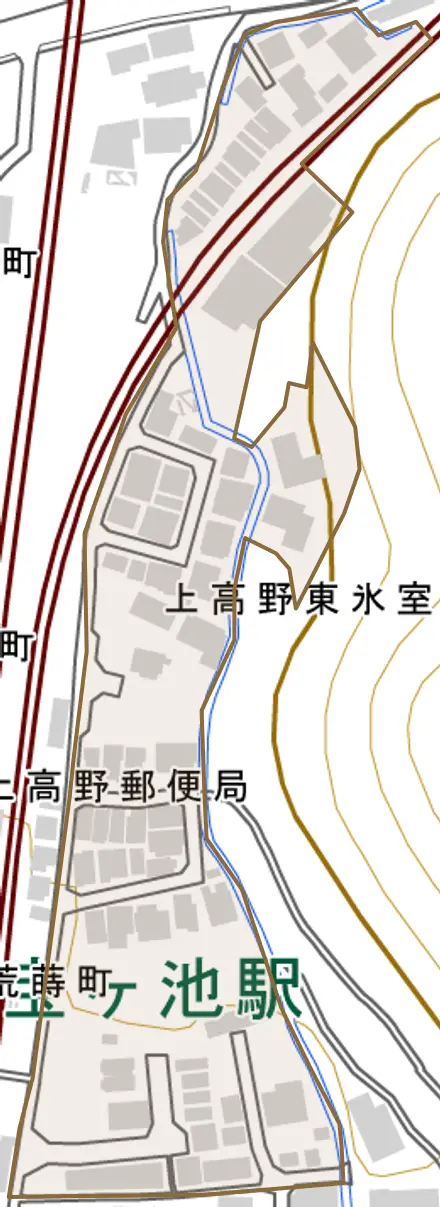 上高野東氷室町とその周辺の地図。町の範囲を重ねている