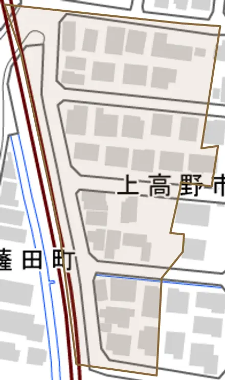 上高野市川町とその周辺の地図。町の範囲を重ねている