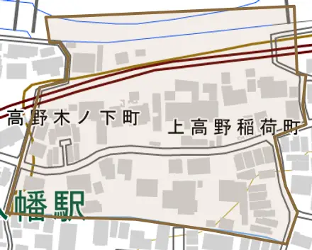 上高野稲荷町とその周辺の地図。町の範囲を重ねている