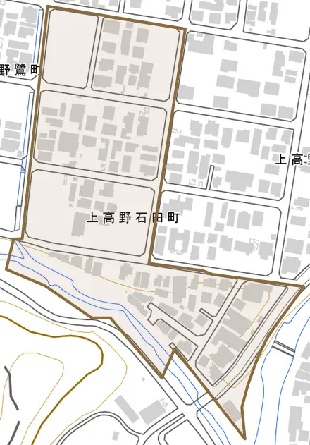 上高野石田町とその周辺の地図。町の範囲を重ねている