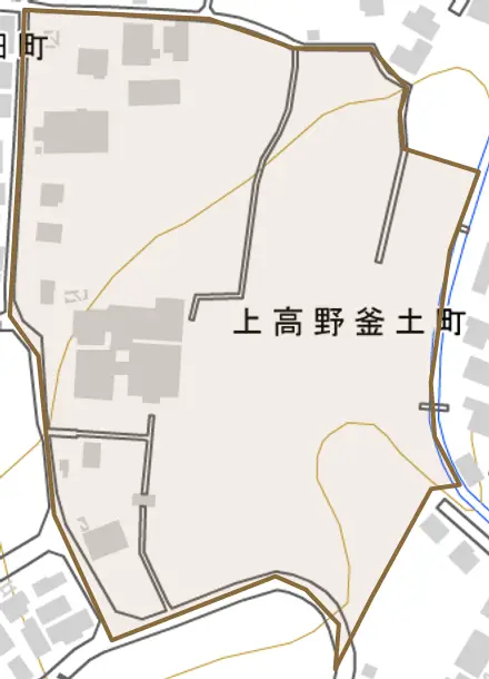 上高野釜土町とその周辺の地図。町の範囲を重ねている