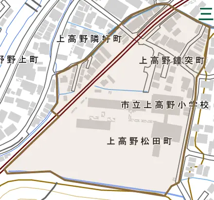 上高野鐘突町とその周辺の地図。町の範囲を重ねている