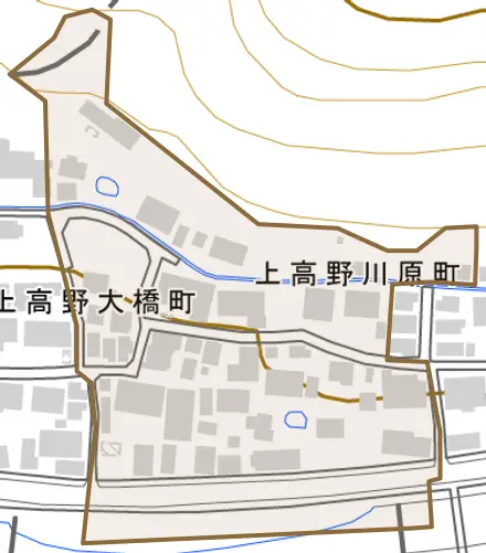 上高野川原町とその周辺の地図。町の範囲を重ねている