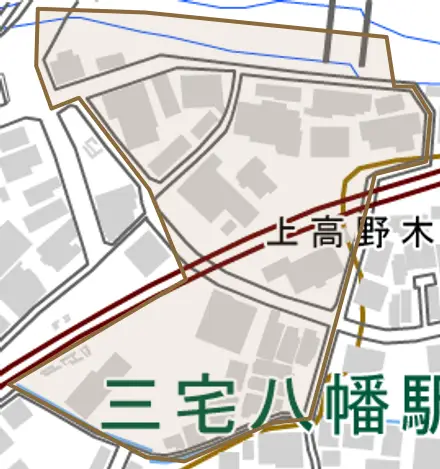 上高野木ノ下町とその周辺の地図。町の範囲を重ねている