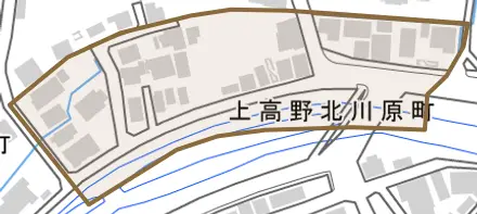 上高野北川原町とその周辺の地図。町の範囲を重ねている