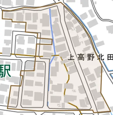 上高野北田町とその周辺の地図。町の範囲を重ねている