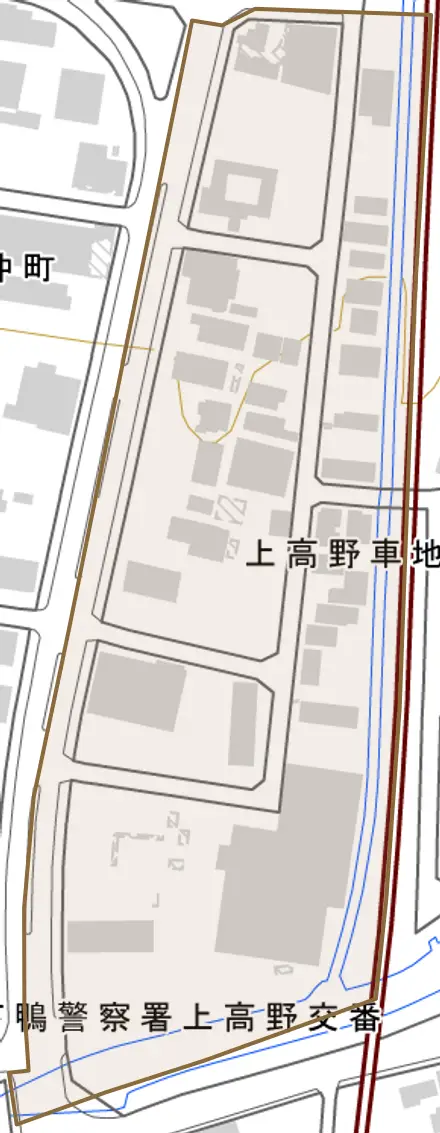 上高野車地町とその周辺の地図。町の範囲を重ねている