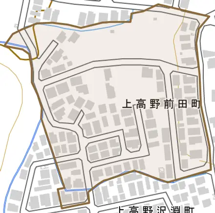 上高野前田町とその周辺の地図。町の範囲を重ねている