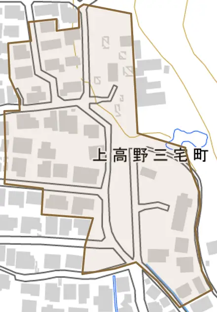 上高野三宅町とその周辺の地図。町の範囲を重ねている