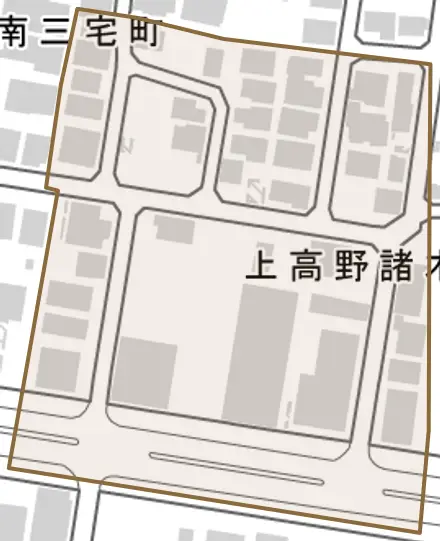 上高野諸木町とその周辺の地図。町の範囲を重ねている