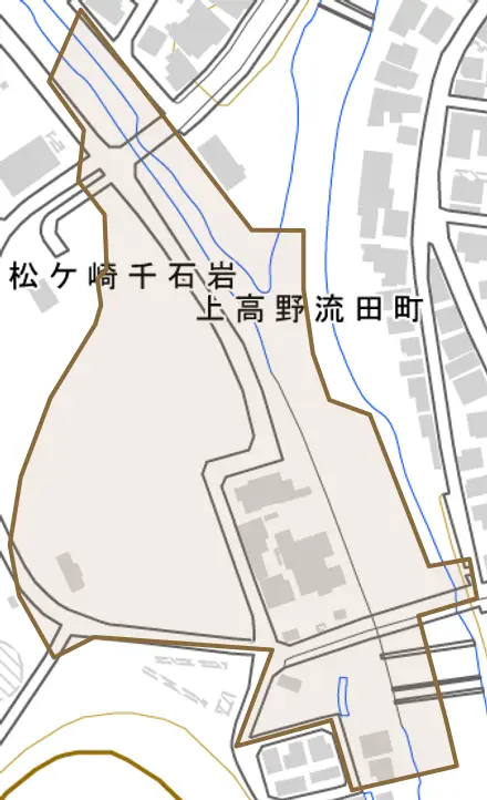 上高野流田町とその周辺の地図。町の範囲を重ねている