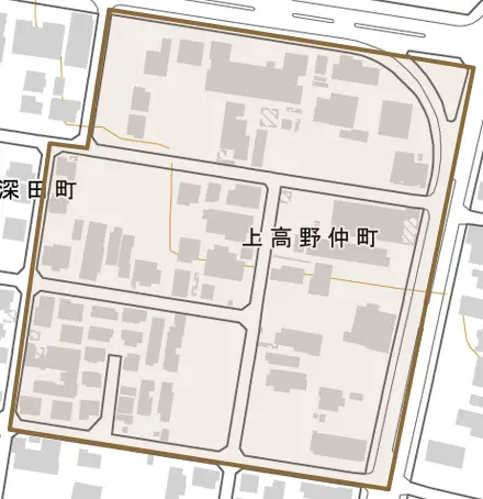 上高野仲町とその周辺の地図。町の範囲を重ねている