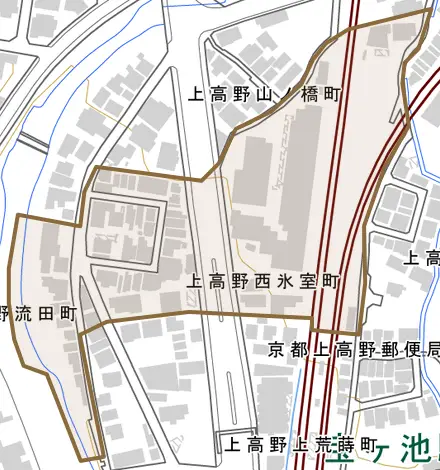 上高野西氷室町とその周辺の地図。町の範囲を重ねている