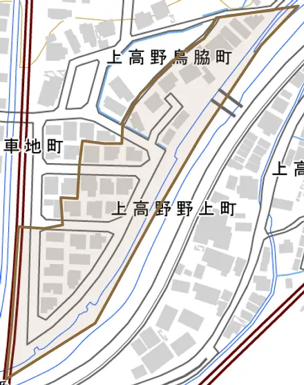 上高野野上町とその周辺の地図。町の範囲を重ねている