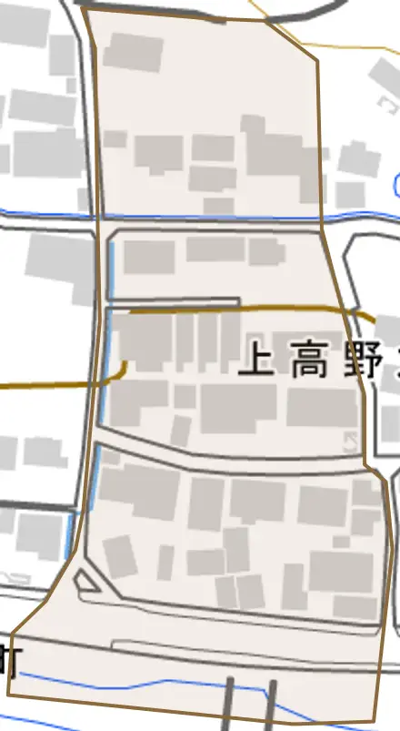 上高野大橋町とその周辺の地図。町の範囲を重ねている