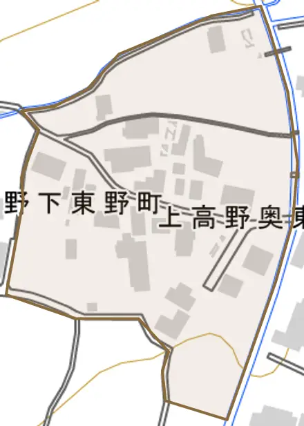 上高野奥東野町とその周辺の地図。町の範囲を重ねている