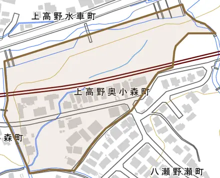 上高野奥小森町とその周辺の地図。町の範囲を重ねている