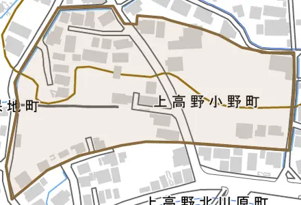上高野小野町とその周辺の地図。町の範囲を重ねている