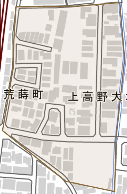 上高野大塚町とその周辺の地図。町の範囲を重ねている