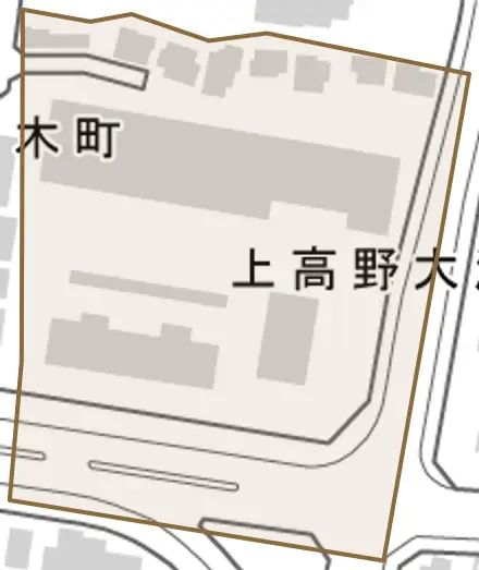 上高野大湯手町とその周辺の地図。町の範囲を重ねている