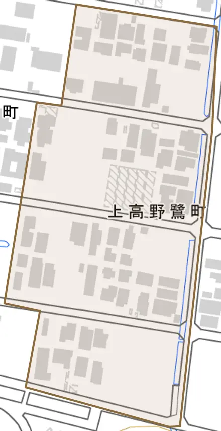 上高野鷺町とその周辺の地図。町の範囲を重ねている