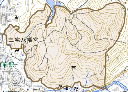 上高野西明寺山とその周辺の地図。町の範囲を重ねている
