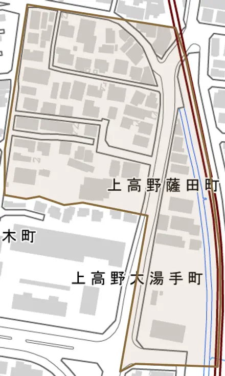 上高野薩田町とその周辺の地図。町の範囲を重ねている