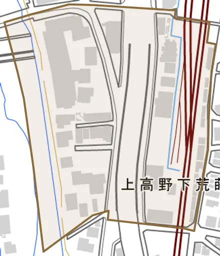 上高野下荒蒔町とその周辺の地図。町の範囲を重ねている