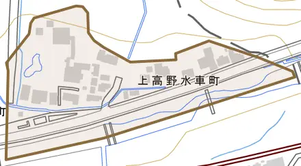 上高野水車町とその周辺の地図。町の範囲を重ねている