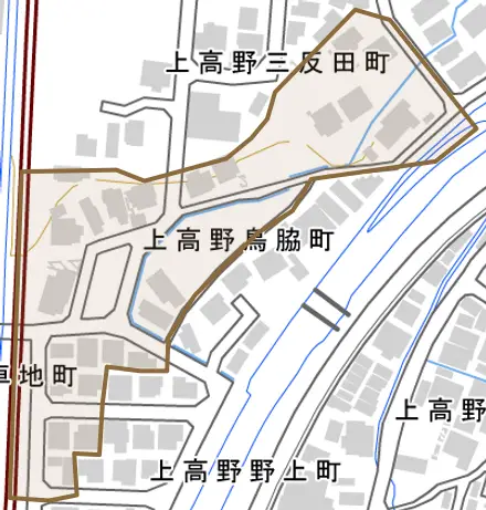 上高野鳥脇町とその周辺の地図。町の範囲を重ねている