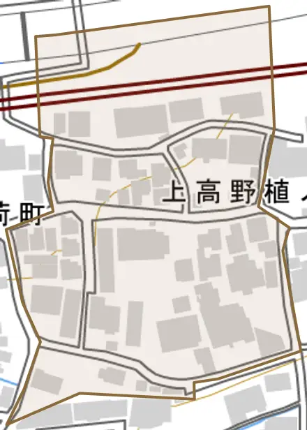 上高野植ノ町とその周辺の地図。町の範囲を重ねている